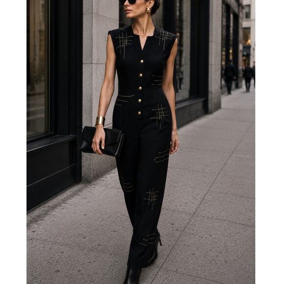 Vintage Pants - Jennifer Roberts Vintage Black Metallic Studded Jumpsuit one piece art wear S/M